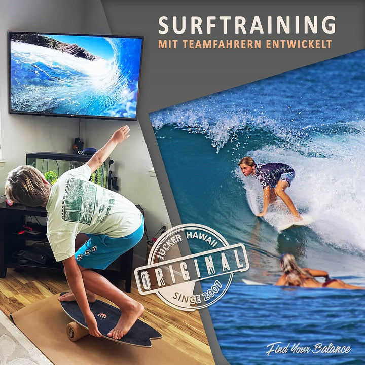 JUCKER HAWAII Balance Boards - Trick &amp; Surf Balanceboard (100% Echtholz) mit extra rutschfester Ober
