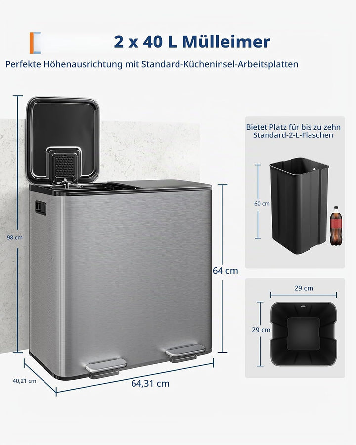 Garvee 2x40L Zweifach Edelstahl Trittmülleimer Geruchsgeschützter Grau Silber 80L, Silber 80L