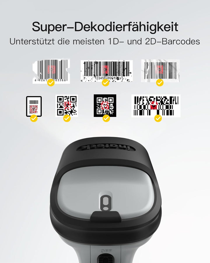 Inateck Barcode Scanner Bluetooth mit Ladestation, 1D/2D/QR, BCST-72S, Grau, Grau