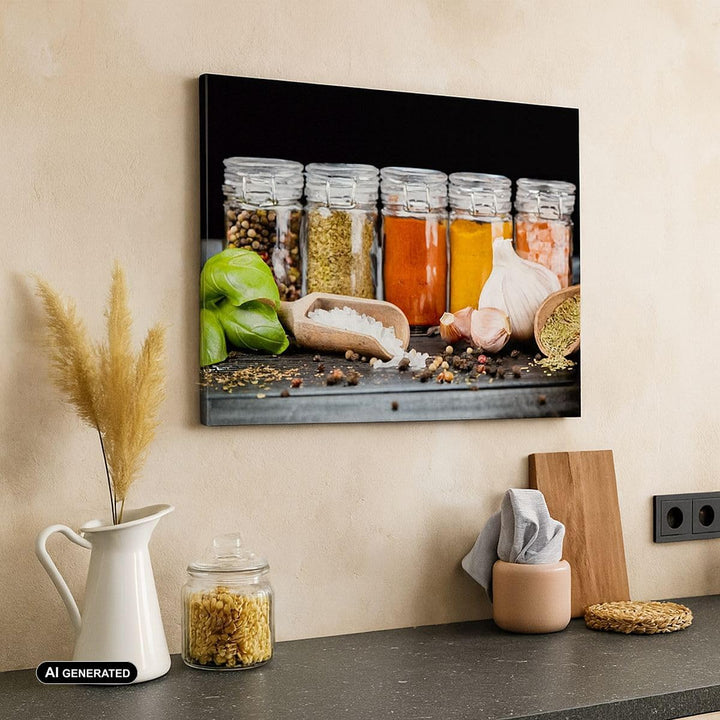 Bilder auf Leinwand Gewürze Knoblauch Holz Salz Leinwandbild 70x50cm Wandbilder Dekoration Wohnzimme