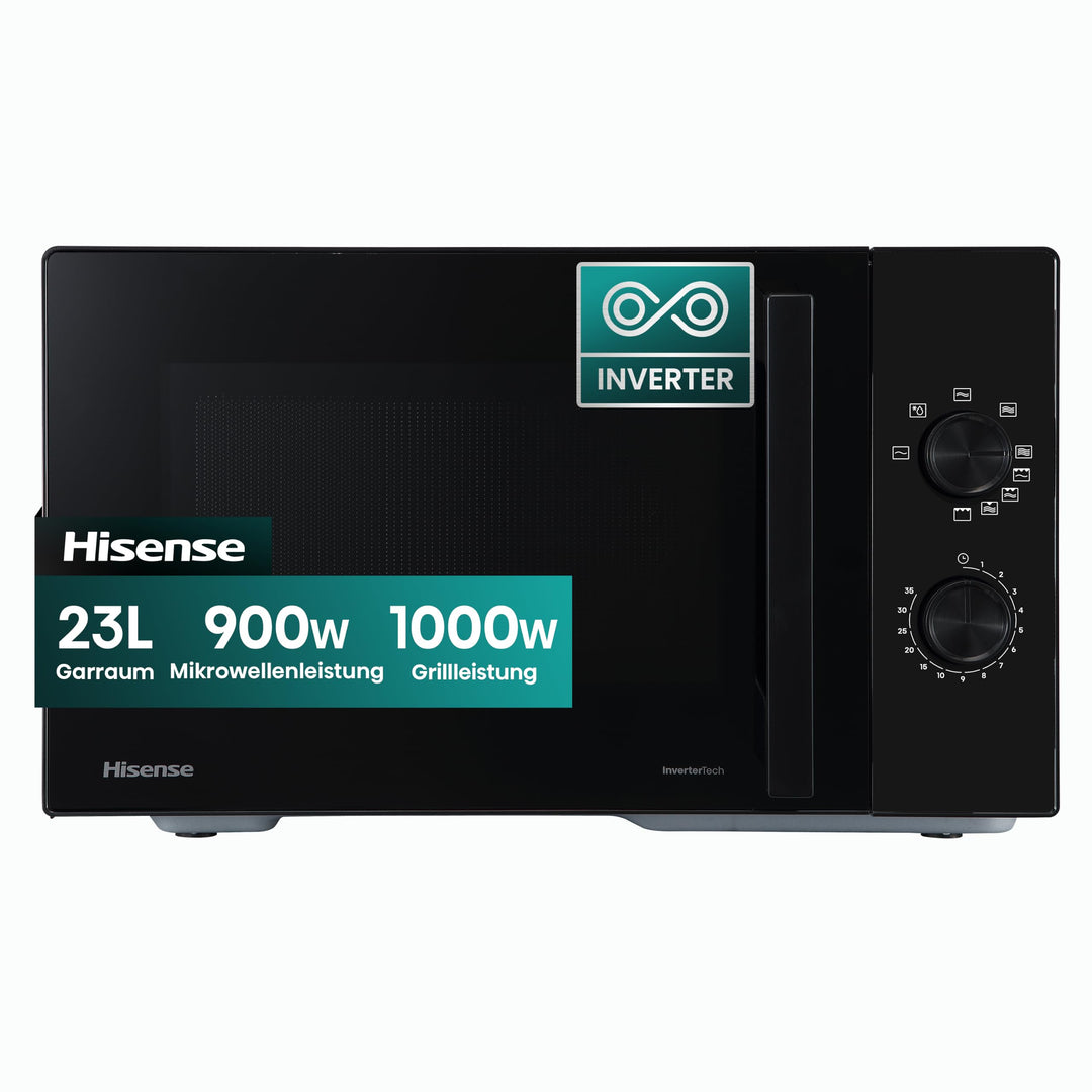 Hisense Inverter-Mikrowelle, 23L, 900W, mit 1000W-Grillfunktion | Schwarz, 5 Leistungsstufen, Kerami