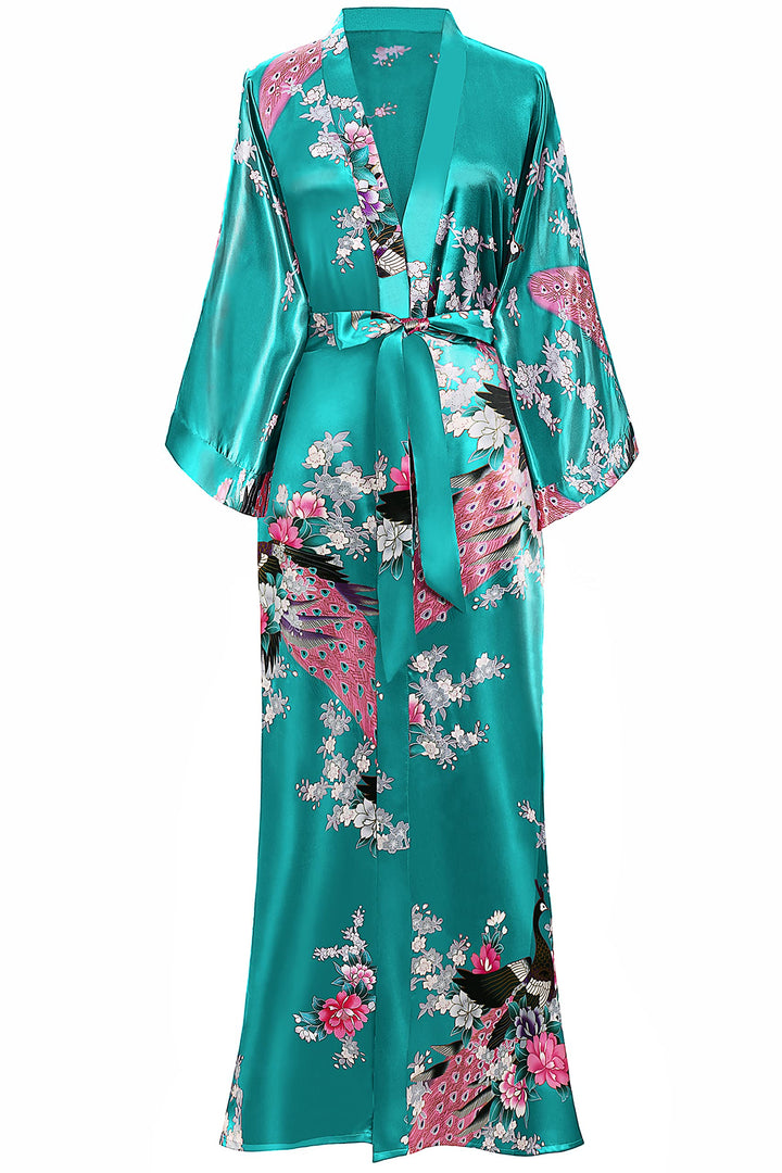 BABEYOND Damen Morgenmantel Maxi Lang Seide Satin Kimono Kleid Pfau Muster Kimono Bademantel Damen L