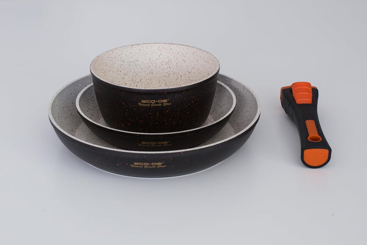 ECO-DE Keramik-Pfannenset Granit Stone, 2 Pfannen, 1 Schmortopf, 3 Deckel