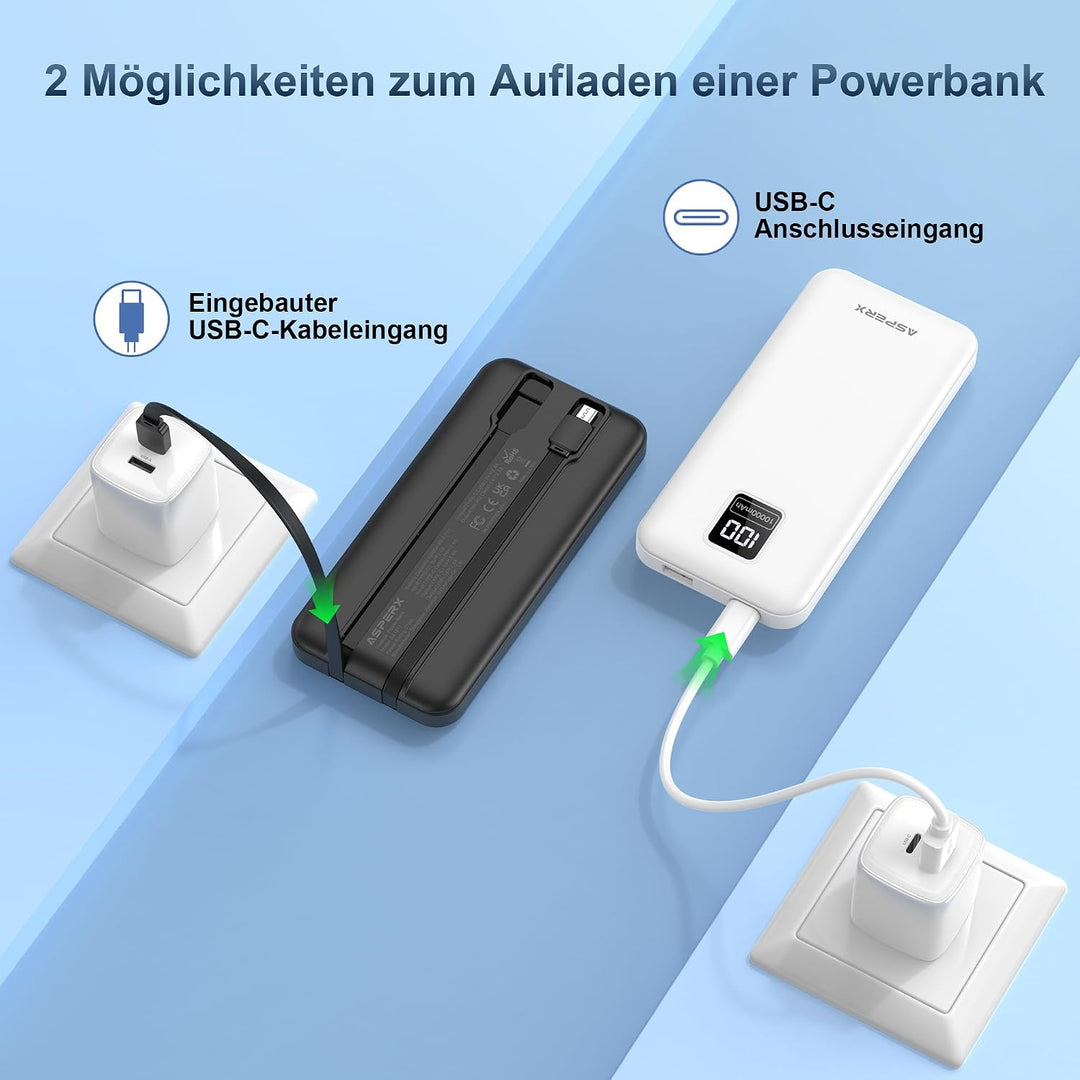 AsperX 2 Stück Powerbank 10000mAh mit USB-C Kabel Schnellladen Schwarz + Weiss, Schwarz + Weiss
