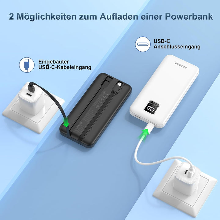 AsperX 2 Stück Powerbank 10000mAh mit USB-C Kabel Schnellladen Schwarz + Weiss, Schwarz + Weiss