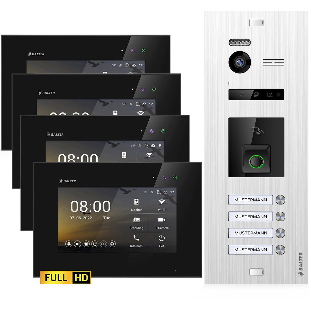 Balter EVO-HD Video Türsprechanlage mit Fingerprint, Video Türklingel, 4 Familienhaus, 4X 7 Zoll Mon