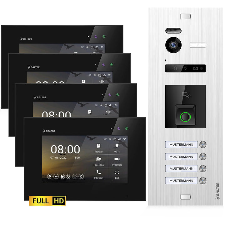 Balter EVO-HD Video Türsprechanlage mit Fingerprint, Video Türklingel, 4 Familienhaus, 4X 7 Zoll Mon