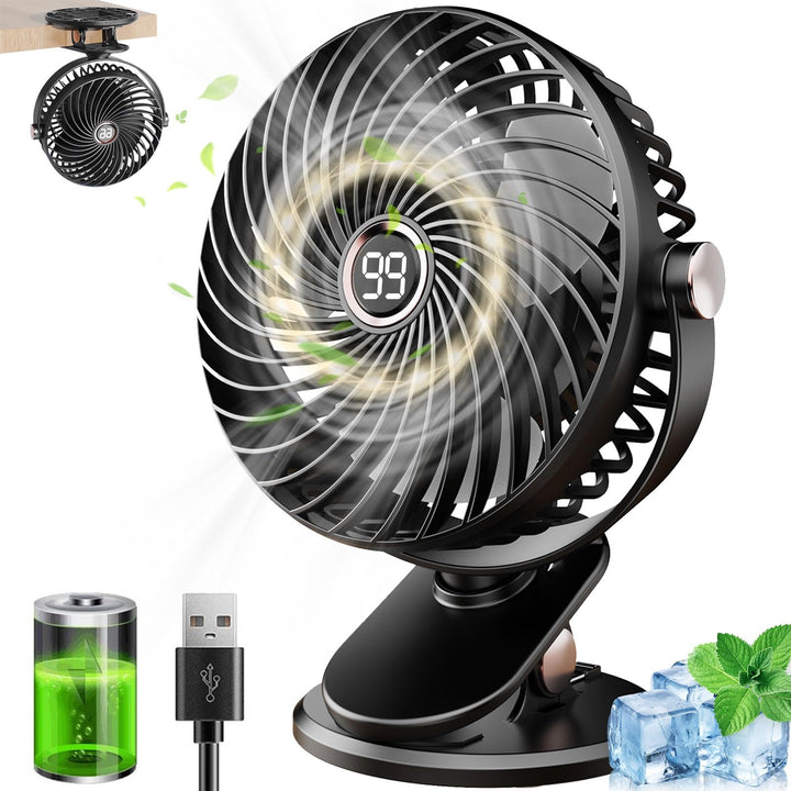 Schreibtischventilator, Mini-Ventilator, USB, leise, mit LCD-Display, 6000 mAh, Clip-Ventilator, 5 G
