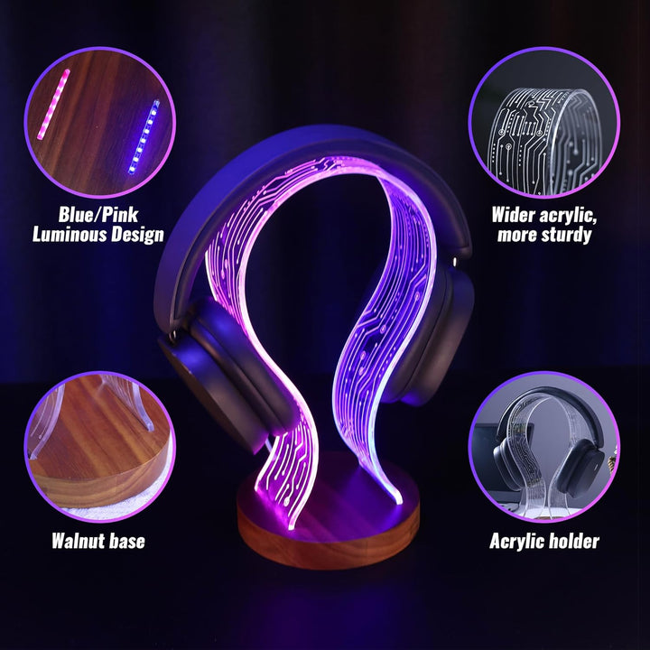 Ammonite Kopfhörerständer - Walnussholz Gaming Schreibtisch Accessoire mit LED-Leuchten, USB-Strom &amp;