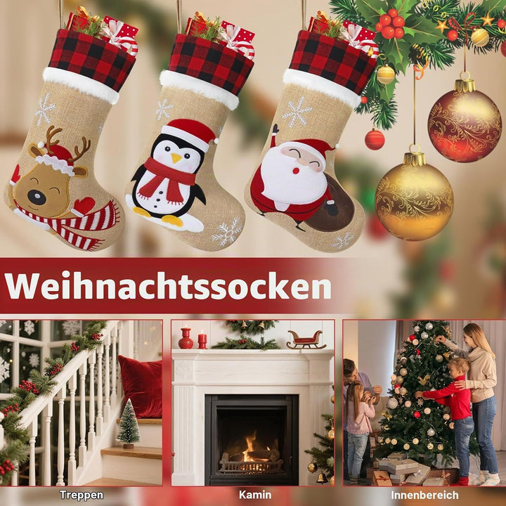 LOMOHOO 3 Stück Weihnachtsstrümpfe 46cm/18Zoll Grosse Bestickte Weihnachtsstrümpfe mit Weihnachtsman