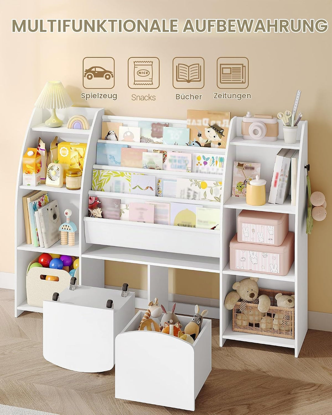 Hzuaneri Kinderregal mit Zeitungsständer, Bücherregal Kinder mit 3 Säulen, 4 Ablagen, Spielzeugregal