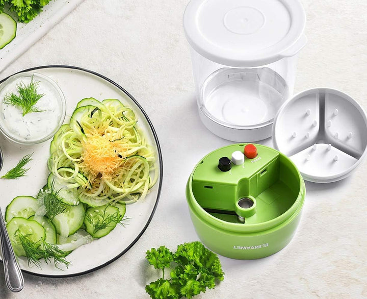 Neueres Modell 5 in1 Spiralschneider Hand für Gemüsespaghetti, Gemüse Spiralschneider mit Behälter,