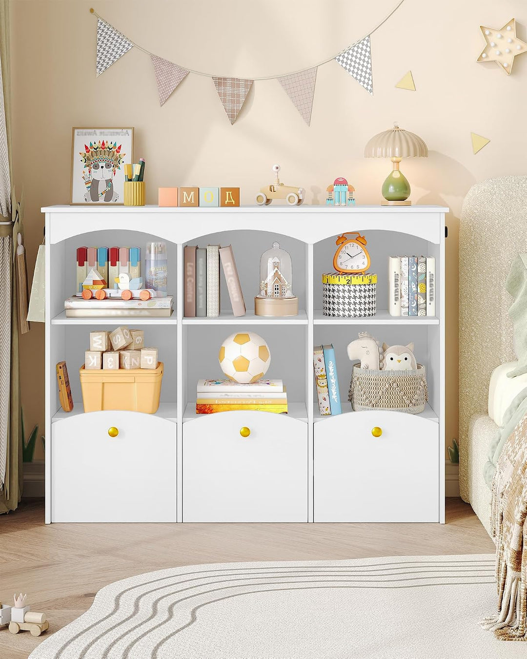 Hzuaneri Kinderregal 103 cm Breite, Kinderzimmer Möbel Weiss | Kinderregal mit 3 Rollboxen, 6 offene