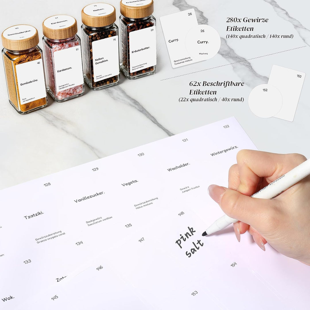 MHDCLY 24er Set Gewürzgläser Eckig mit Bambusdeckel (120ml) - Luftdichte Spice Jars &amp; Gewürzstreuer