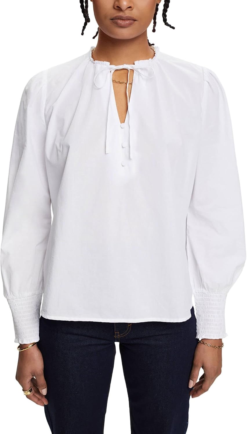 edc by Esprit Baumwollbluse mit Bindedetail XS 100/White, XS 100/White