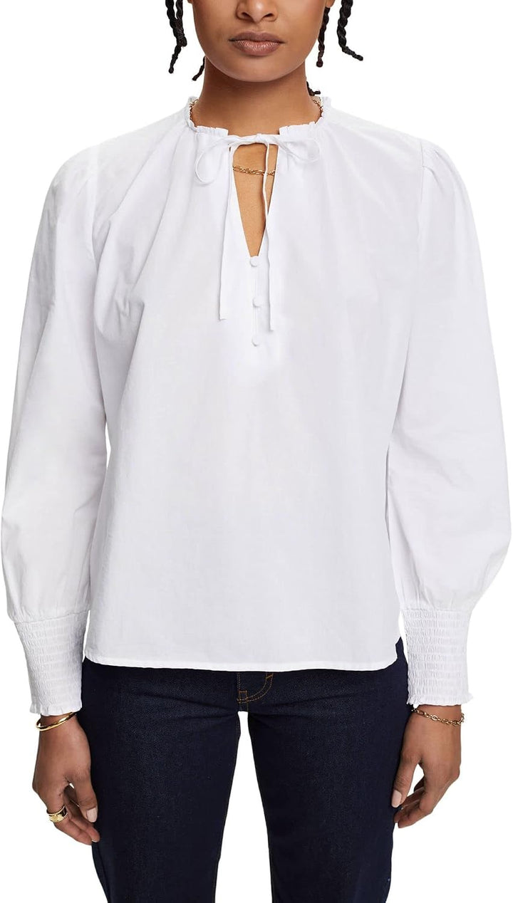 edc by Esprit Baumwollbluse mit Bindedetail XS 100/White, XS 100/White