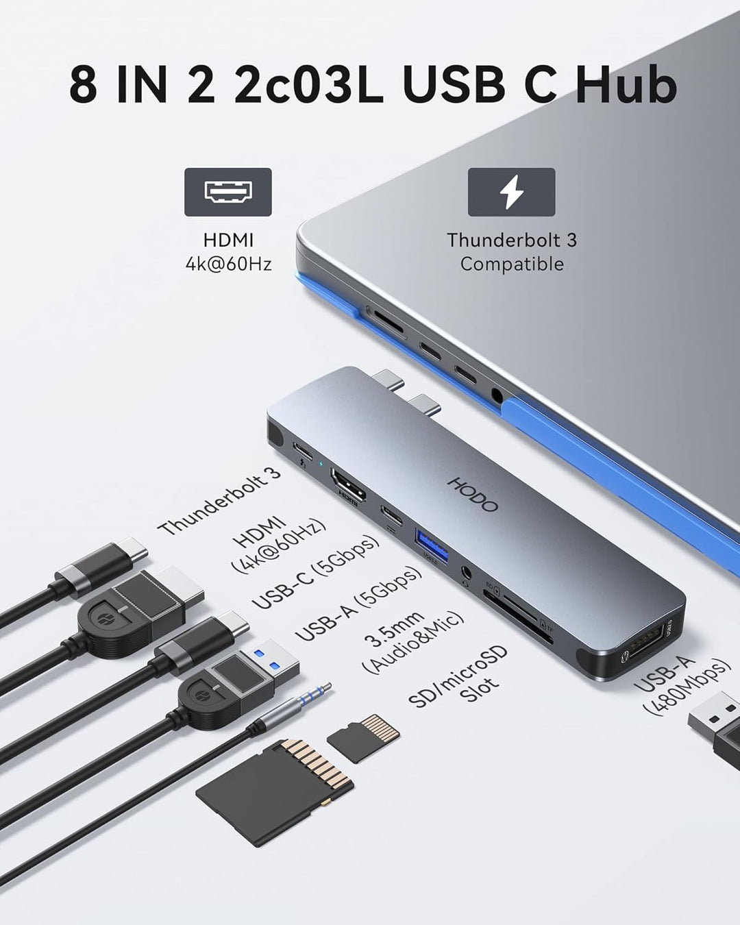 HODO USB C Hub für MacBook, Adapter Mac Air Pro Zubehör 8 in 2 mit 4K 60Hz HDMI,Thunderbolt 3 Port,