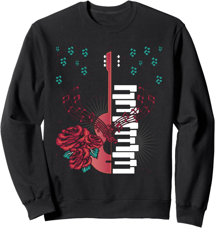 Gitarre Musiknoten Klaviertasten Rote Rosen Blume Musiker Sweatshirt