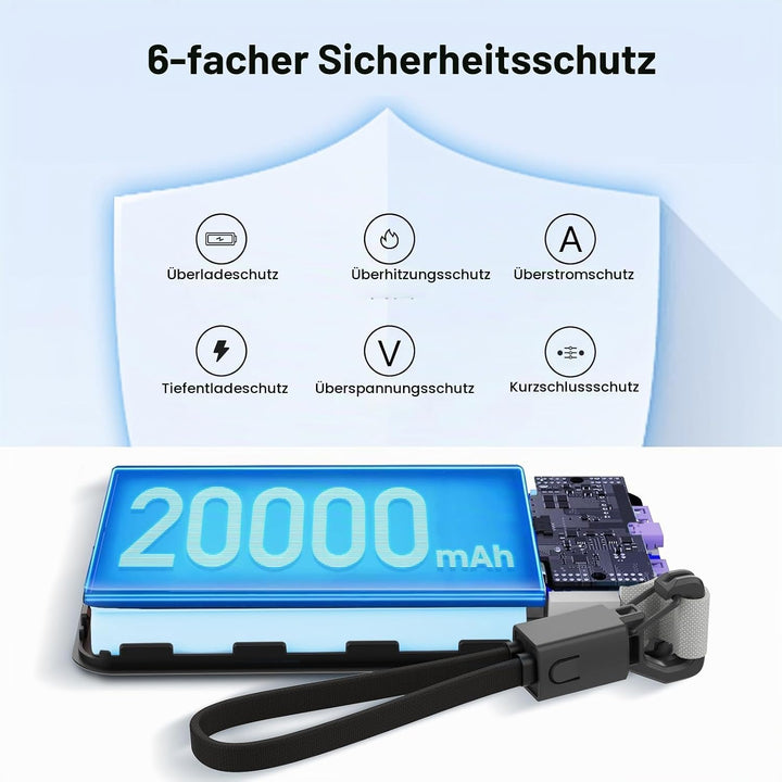 JUOVI Power Bank, Powerbank 20000mAh 45W Schnellladen Externe Handyakkus Schwarz 45W with Cable, Sch