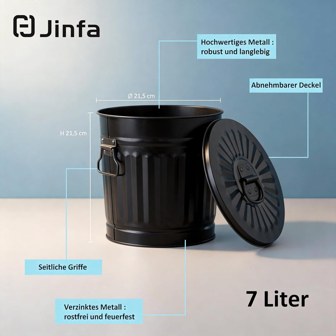 Jinfa Bio Mülleimer Küche 7L schwarz aus Metall Tischmülleimer mit Deckel Blech Eimer Kosmetikeimer