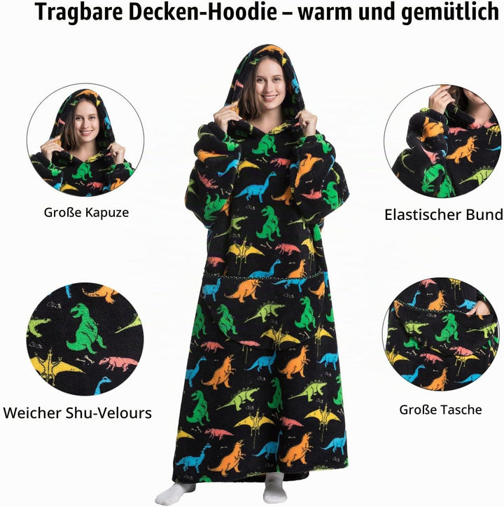 Hoodie Decke Extra Lang mit Kapuze und Tasche für Damen Herren Dinosaurier, Dinosaurier