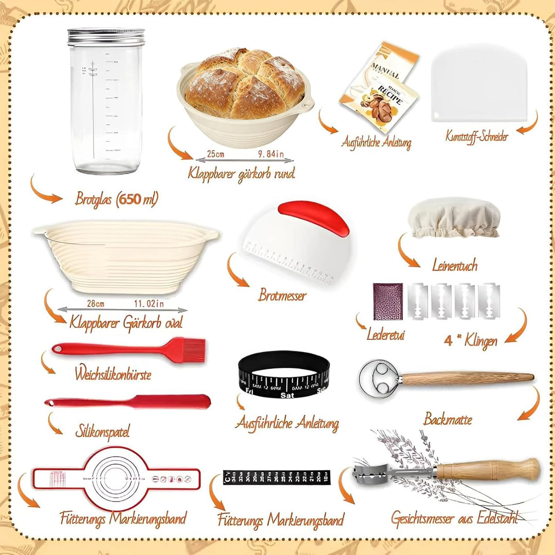 Daity Gärkörbchen,12-teilig Sauerteig Starter Set,28cm Gärkörbchen oval und 25cm Gärkorb rund,650ml