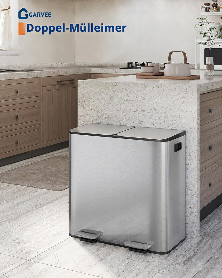 Garvee 2x40L Zweifach Edelstahl Trittmülleimer Geruchsgeschützter Grau Silber 80L, Silber 80L