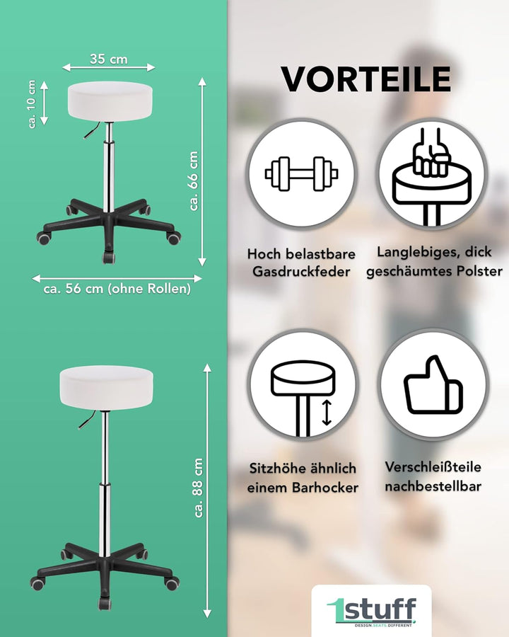 Profi Rollhocker Squash 35 - ca. 66-88 cm Höhe - extra hoher Drehhocker - Stehhilfe - robuster Praxi