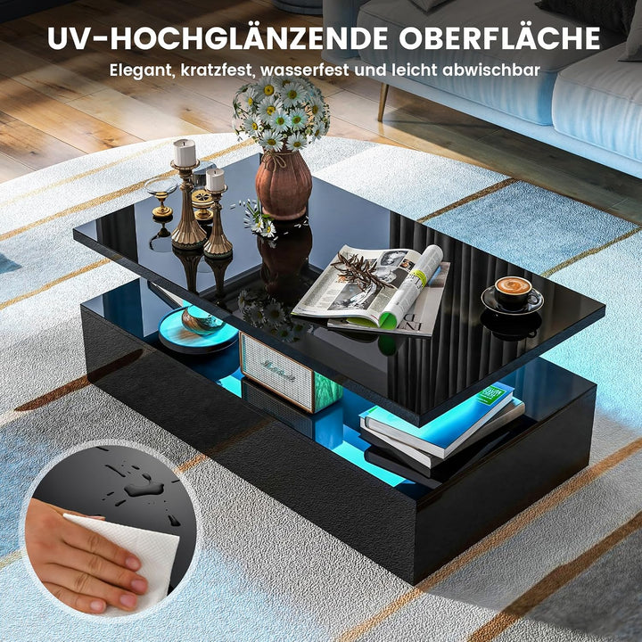 COSTWAY LED-Couchtisch Hochglanz, Wohnzimmertisch mit einstellbaren Lichtfarben &amp; Helligkeit, Fernbe