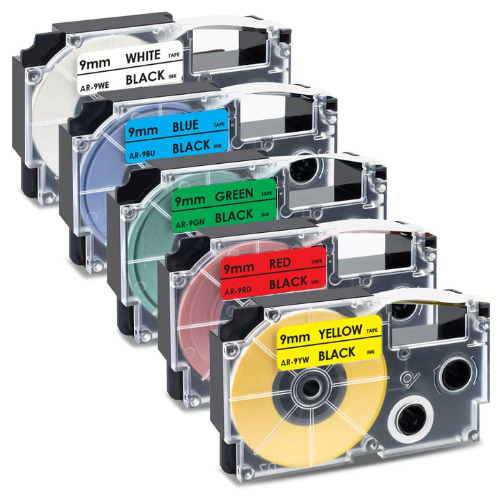 UniPlus 5 Pack Kompatibler 9mm Etikettenband Ersatz für Casio XR-9WE XR-9RD XR-9BU XR-9YW XR-9GN für