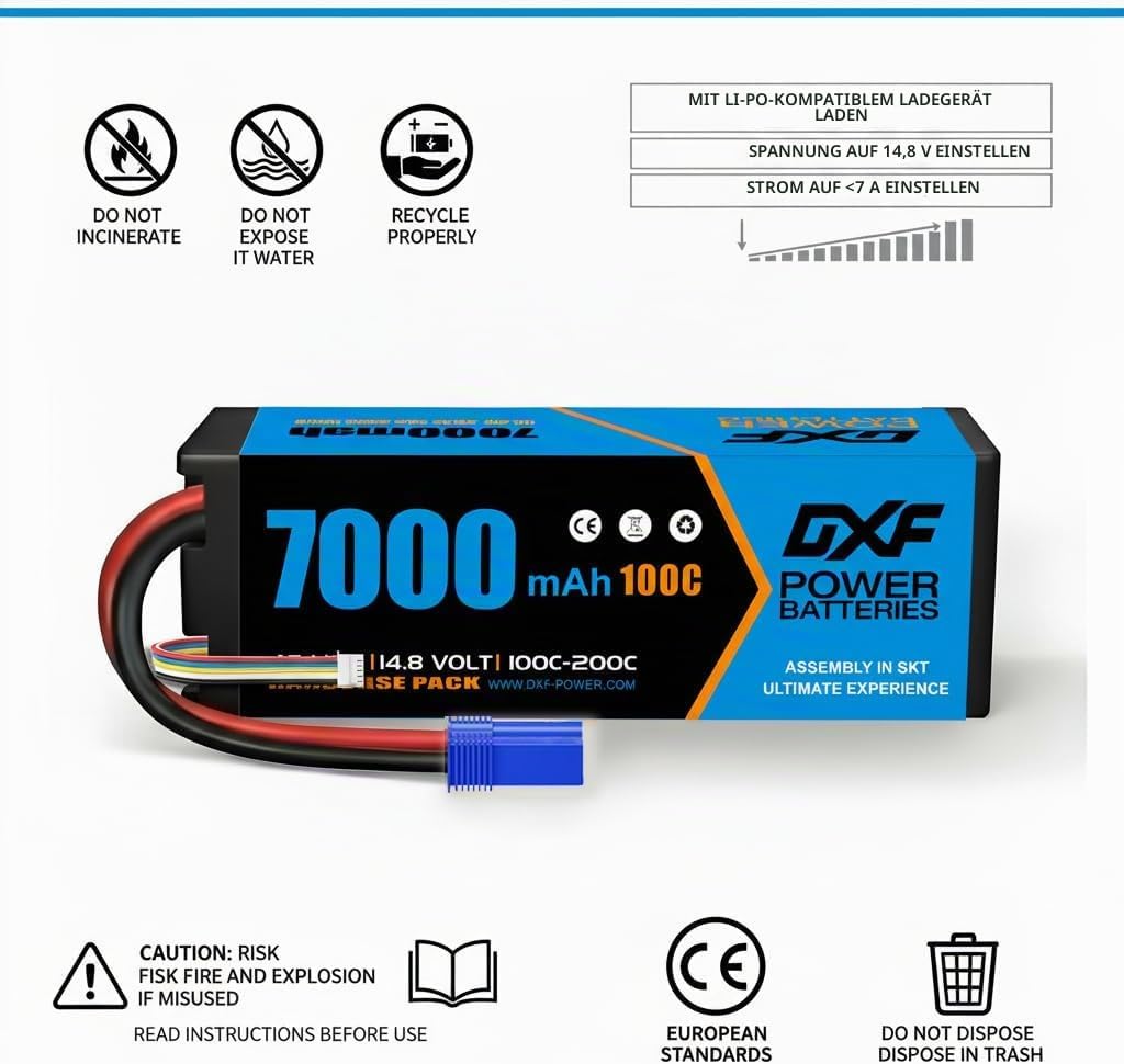 DXF 4S Lipo Batterie 14,8 V 100 C 7000 mAh Hartbatterie mit EC5-Stecker für RC 1/8 und 1/10 Auto RC