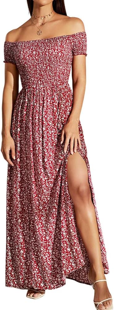 Sommerkleid Damen Lang Off Shoulder Maxikleider für Damen Blumenrock Schlitz Kleider Strandmode L Ro