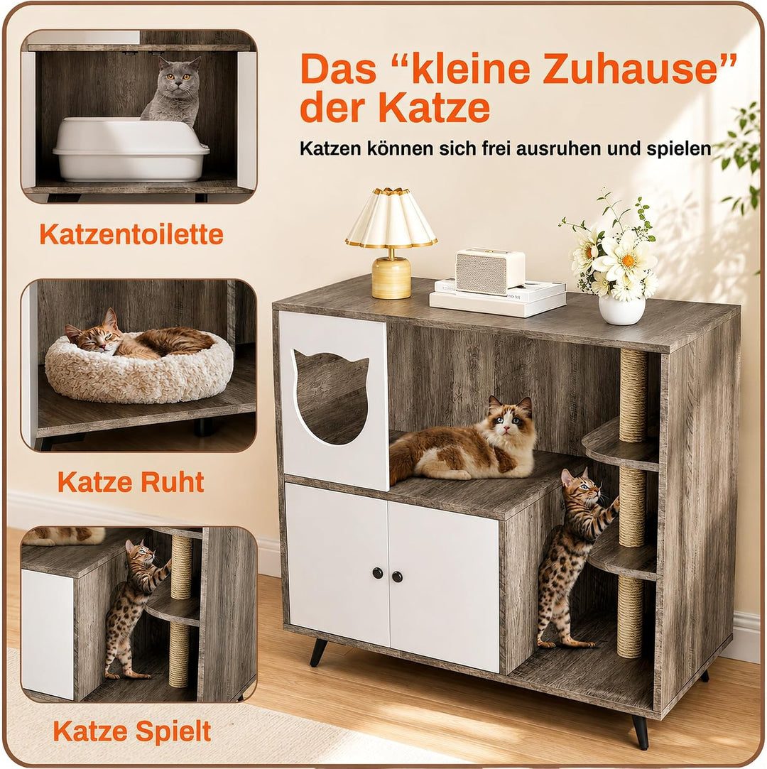 MAMIZO Katzenklo Schrank, 98x91x50CM Tragfähigkeit 50 KG, Hellgrau Hellgrau Holz, Hellgrau Holz