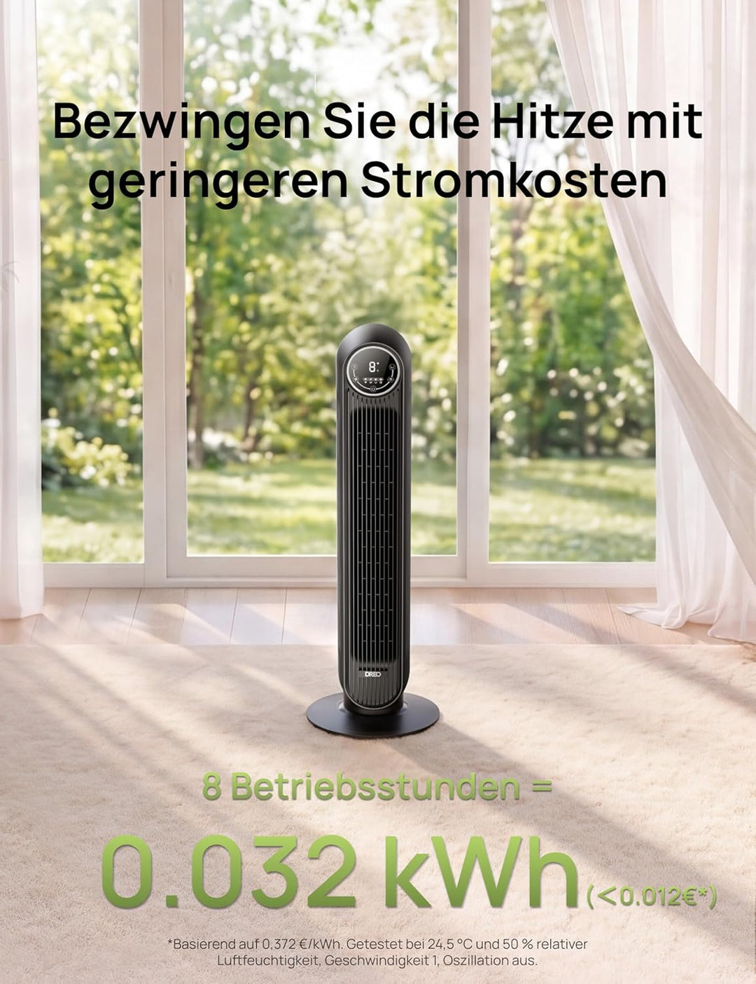 Dreo Leiser Turmventilator für Schlafzimmer, 7,3m/s Geschwindigkeit Ventilator mit Kühlung, 90° oszi
