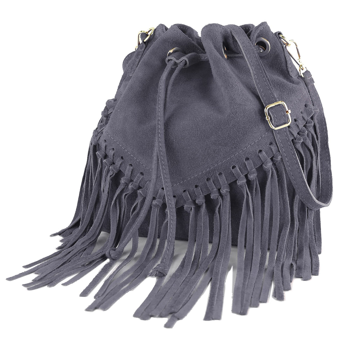 modamoda de - T239 - ital. Schultertasche Fransen Wildleder Blaugrau, Blaugrau