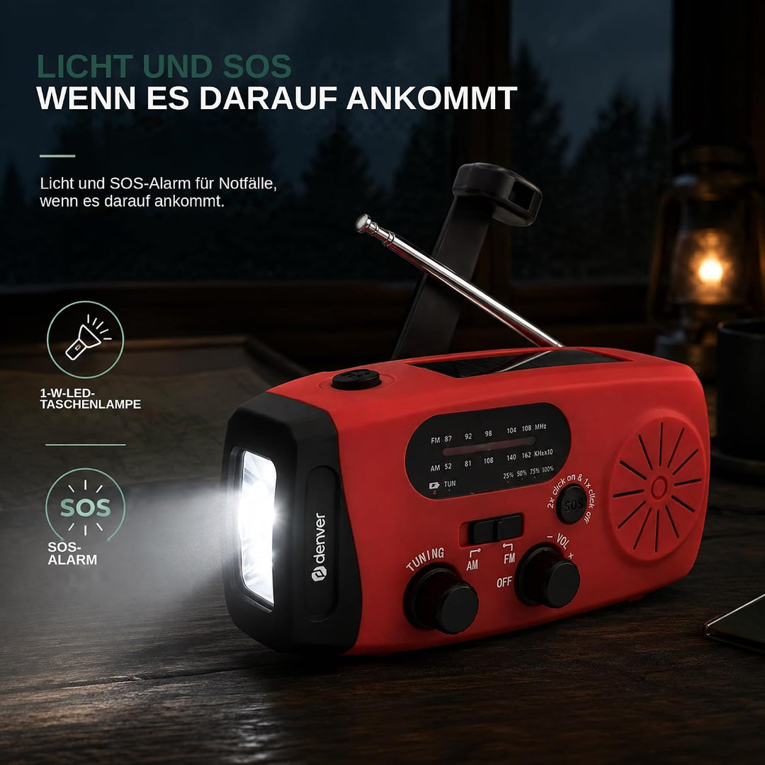 Denver Kurbelradio mit Solar und Powerbank, Notfallradio, kleines Radio