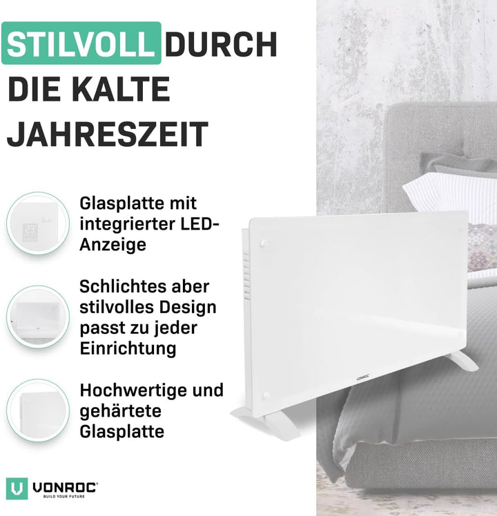 VONROC Elektroheizung energiesparend 2500W - Konvektor Heizung [30qm Räume] - Mobile Elektrische Hei