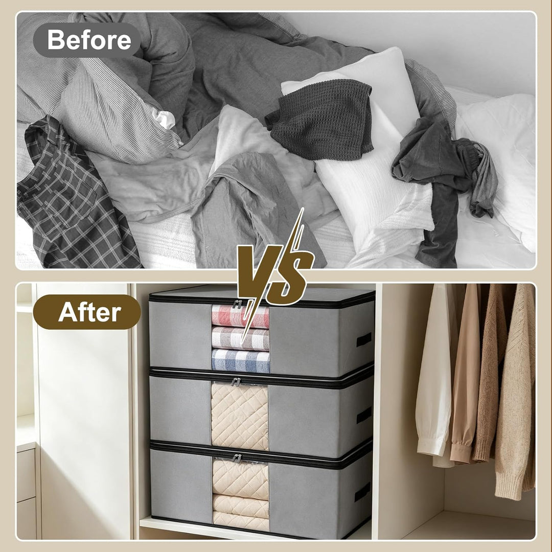 Cozary 3 Stück 60L Unterbett Aufbewahrungsbox, Faltbare Aufbewahrungstasche mit Deckel und Klaren Fe