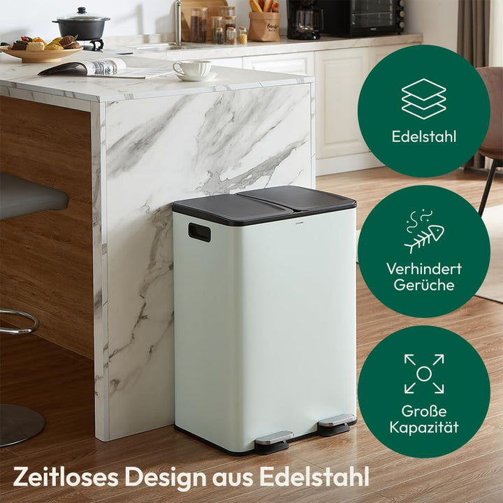 CASABEL Mülleimer Küche Mülltrennung 60L – 2x30L Doppelkammer mit Pedal, Edelstahl Mintgrün, Abfalle