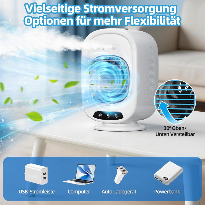 Mobile Klimaanlage, Mini Luftkühler mit 300mL Wassertank, 3 Geschwindigkeiten, 2 Sprühmodus, Mobil K