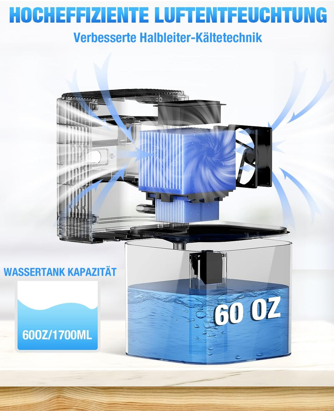 Elektrischer Luftentfeuchter 1700ML, Luftentfeuchter Tragbar Grau, Grau
