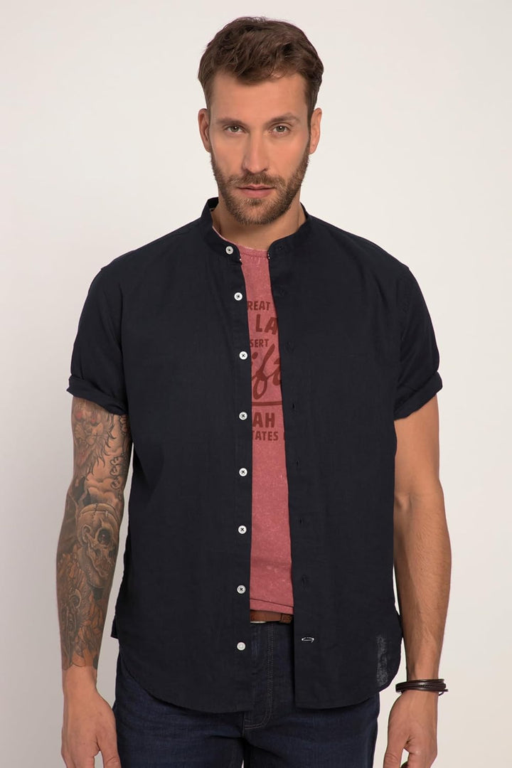 JP 1880 Herren, Halbarm, Leinenmix, Stehkragen, Modern Fit Hemd 5XL Navy Blau, 5XL Navy Blau