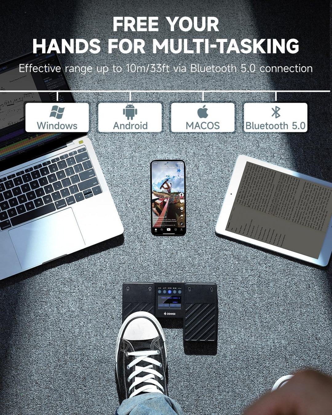 Donner Wireless Bluetooth Page Turner Pedal Bluetooth-Seitenumblätterer-Pedal für iPad-Tablets und S
