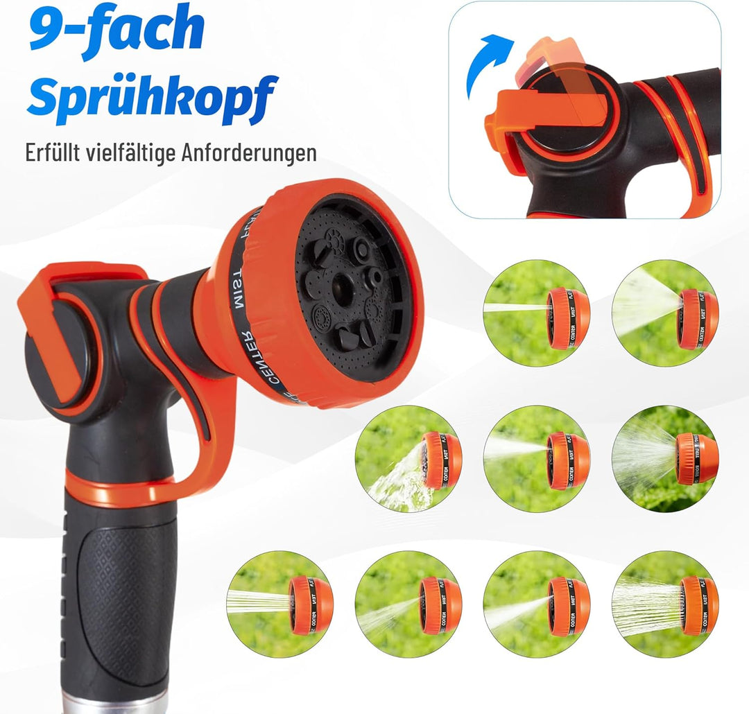 30m Automatische Gartenschlauchtrommel mit 9-fach Sprühdüse, Wandhalterung &amp; verstellbarer Rückholsp