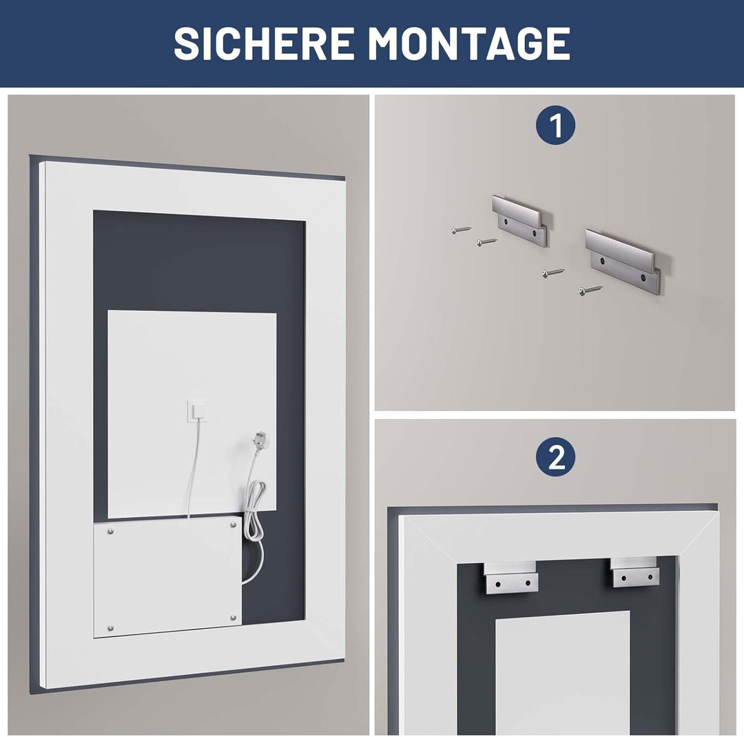WEER Badezimmerspiegel mit LED-Leuchten, 60 x 90 cm Wandmontierter Kosmetikspiegel, 3 Farben Dimmbar