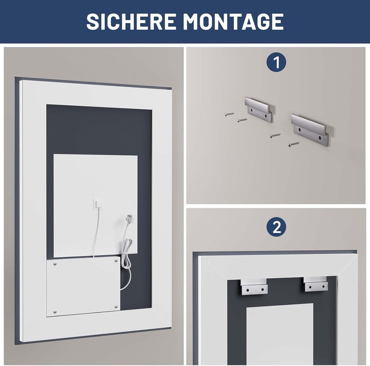 WEER Badezimmerspiegel mit LED-Leuchten, 60 x 90 cm Wandmontierter Kosmetikspiegel, 3 Farben Dimmbar