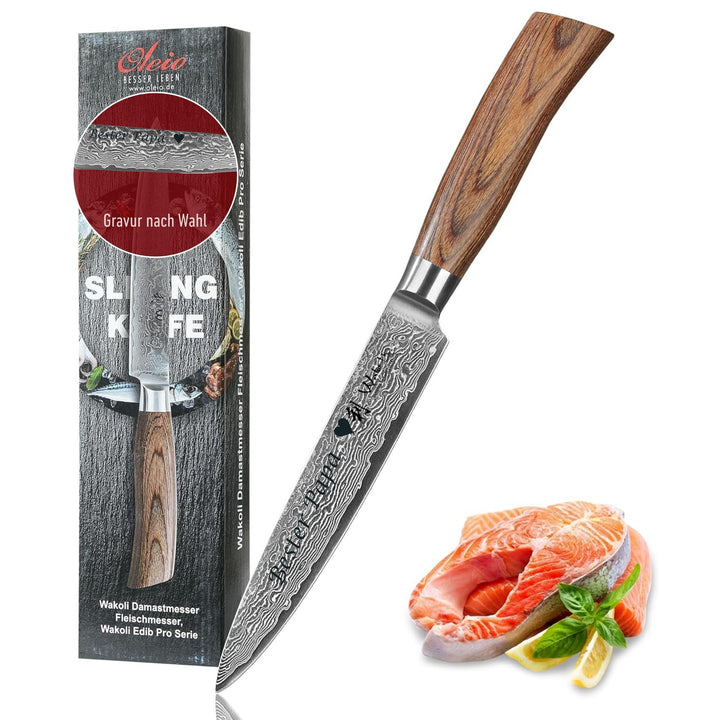 Wakoli EDIB Pro Damast Fleischmesser mit Gravur – Personalisiertes Tranchiermesser, 17cm Klinge aus