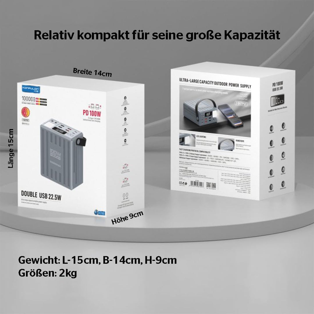 KONFULON Powerbank 120000mAh (444Wh, ca. 372Wh nutzbar) – 30W Schnellladefunktion, 5 Ausgänge (USB‑C