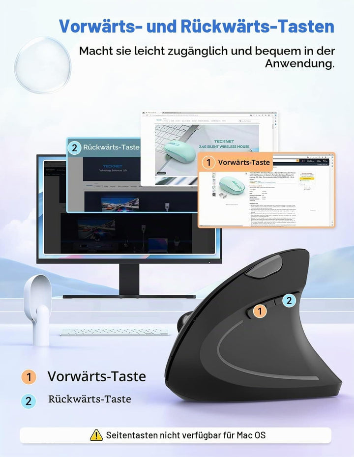 TECKNET Wireless Vertikale Ergonomische Maus 4800 DPI Schwarz, 4800 DPI Schwarz