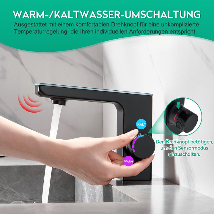 CREA Infrarot Sensor Wasserhahn Bad, mit Temperaturanzeige, Schwarz
